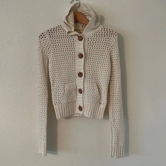 Abercrombie & Fitch Sweaters - Abercrombie & Fitch Vintage Cream Knit Button Up Hooded Cardigan Womens Large